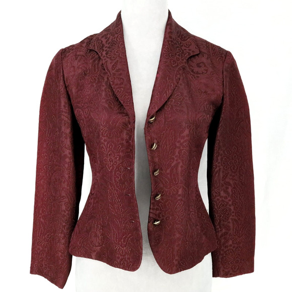 Dana Buchman Jackets & Blazers - Dana Buchman Jacket Petites 2P Burgundy Brocade Floral Lined Fitted Vintage